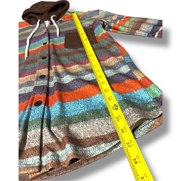 Striped Multicolor Button Up Brown Hood and Front Pocket Long Sleeve Sweater - Picture 7 of 16
